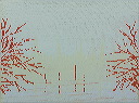 Misty blue with red tree bursts